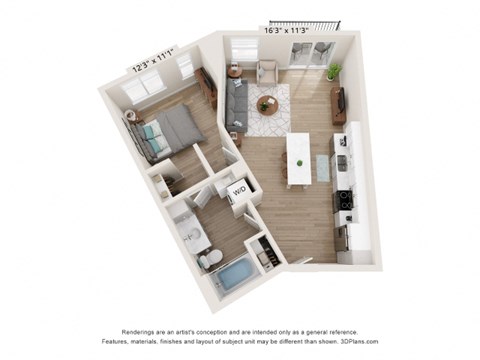 Floor plan for 1 bed, 1 bath, 730 sqft